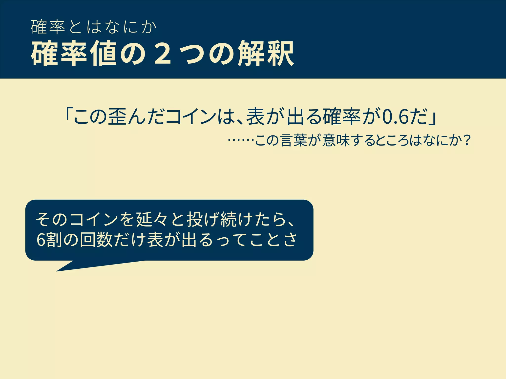 確率とはなにか
確率値の２つの解釈
「この歪んだコインは、表が出る確率が0.6だ」
……この言葉が意味するところはなにか？
そのコインを延々と投げ続けたら、
6割の回数だけ表が出るってことさ
 