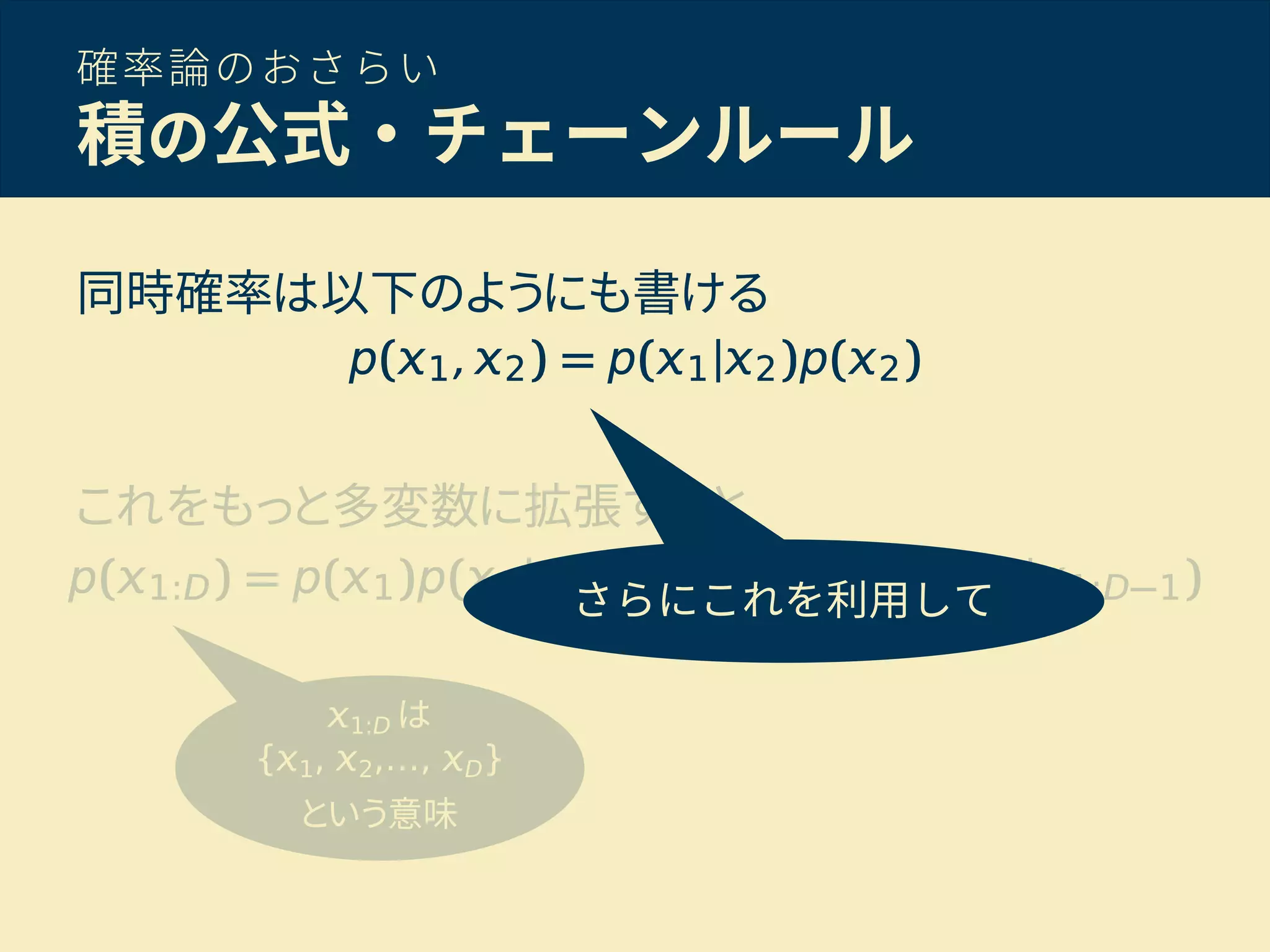 確率論のおさらい
積の公式・チェーンルール
同時確率は以下のようにも書ける
これをもっと多変数に拡張すると
1:D は
{ 1, 2,…, D}
という意味
さらにこれを利用して
 