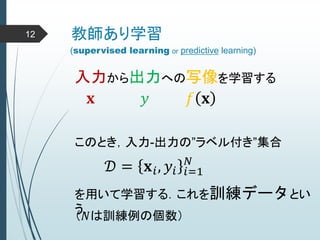 教師あり学習
入力から出力への写像を学習する
𝐱 𝑦 𝑓 𝐱
このとき，入力-出力の”ラベル付き”集合
𝒟 = 𝐱 𝑖, 𝑦𝑖 𝑖=1
𝑁
を用いて学習する．これを訓練データとい
う．
（𝑁は訓練例の個数）
(supervised learning or predictive learning)
12
 
