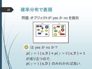 𝑝 𝑦 = 1 | 𝐱, 𝒟 + 𝑝 𝑦 = 0 | 𝐱, 𝒟 = 1
確率分布で表現28
問題：オブジェクトが yes か no を識別
は yes か no か？
が成り立つので，
𝑝 𝑦 = 1 | 𝐱, 𝒟 のみわかれば良い．
 