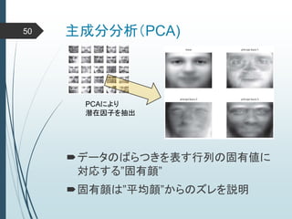 主成分分析（PCA)50
データのばらつきを表す行列の固有値に
対応する”固有顔”
固有顔は”平均顔”からのズレを説明
PCAにより
潜在因子を抽出
 