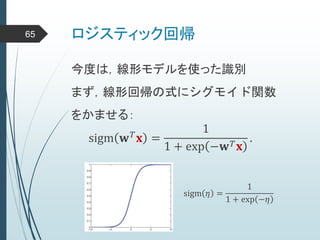 ロジスティック回帰65
今度は，線形モデルを使った識別
sigm 𝜂 =
1
1 + exp −𝜂
まず，線形回帰の式にシグモイド関数
をかませる：
sigm 𝐰 𝑇 𝐱 =
1
1 + exp −𝐰 𝑇 𝐱
.
 