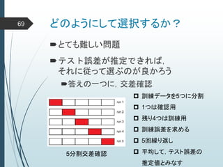 どのようにして選択するか？69
とても難しい問題
テスト誤差が推定できれば，
それに従って選ぶのが良かろう
答えの一つに，交差確認
5分割交差確認
 訓練データを5つに分割
 1つは確認用
 残り4つは訓練用
 訓練誤差を求める
 5回繰り返し
 平均して，テスト誤差の
推定値とみなす
 