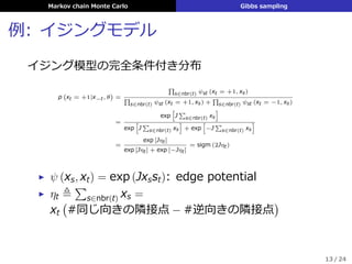 Markov chain Monte Carlo Gibbs sampling
例: イジングモデル
イジング模型の完全条件付き分布
p
(
xt = +1|x−t, θ
)
=
∏
s∈nbr(t) ψst (xt = +1, xs)
∏
s∈nbr(t) ψst (xt = +1, xs) +
∏
s∈nbr(t) ψst (xt = −1, xs)
=
exp
[
J
∑
s∈nbr(t) xs
]
exp
[
J
∑
s∈nbr(t) xs
]
+ exp
[
−J
∑
s∈nbr(t) xs
]
=
exp [Jηt]
exp [Jηt] + exp [−Jηt]
= sigm (2Jηt)
▶ ψ (xs, xt) = exp (Jxsst): edge potential
▶ ηt ≜
∑
s∈nbr(t) xs =
xt
(
#同じ向きの隣接点 − #逆向きの隣接点
)
13 / 24
 