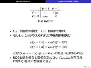 Baysian Statistics Bayesian decision theory
偽陽性と偽陰性のトレードオフ
▶ 2値の決定問題
▶ 仮説検定・2クラス分類・物体検出など
▶ 2種類の過誤
▶ 偽陽性 (false positive) : y = 0 を ˆy = 1 と推定
▶ 偽陰性 (false negative) : y = 1 を ˆy = 0 と推定
▶ 0-1損失ではこれらの誤差を同等に扱ってしまう
66 / 73
 