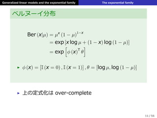Generalized linear models and the exponential family The exponential family
ベルヌーイ分布
Ber (x|µ) = µx
(1 − µ)1−x
= exp [x log µ + (1 − x) log (1 − µ)]
= exp
[
ϕ (x)T
θ
]
▶ ϕ (x) = [I (x = 0) , I (x = 1)] , θ = [log µ, log (1 − µ)]
▶ 上の定式化は over-complete
11 / 56
 
