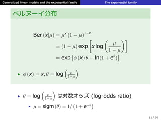 Generalized linear models and the exponential family The exponential family
ベルヌーイ分布
Ber (x|µ) = µx
(1 − µ)1−x
= (1 − µ) exp
[
x log
(
µ
1 − µ
)]
= exp
[
ϕ (x) θ − ln(1 + eθ
)
]
▶ ϕ (x) = x, θ = log
(
µ
1−µ
)
▶ θ = log
(
µ
1−µ
)
は対数オッズ (log-odds ratio)
▶ µ = sigm (θ) = 1/
(
1 + e−θ
)
11 / 56
 