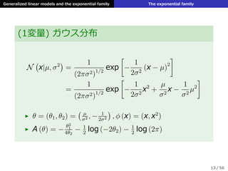 Generalized linear models and the exponential family The exponential family
(1変量) ガウス分布
N
(
x|µ, σ2
)
=
1
(2πσ2)1/2
exp
[
−
1
2σ2
(x − µ)2
]
=
1
(2πσ2)1/2
exp
[
−
1
2σ2
x2
+
µ
σ2
x −
1
σ2
µ2
]
▶ θ = (θ1, θ2) =
( µ
σ2 , − 1
2σ2
)
, ϕ (x) = (x, x2
)
▶ A (θ) = −
θ2
1
4θ2
− 1
2
log (−2θ2) − 1
2
log (2π)
13 / 56
 