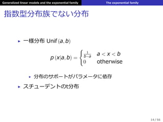 Generalized linear models and the exponential family The exponential family
指数型分布族でない分布
▶ ⼀様分布 Unif (a, b)
p (x|a, b) =
{
1
b−a
a < x < b
0 otherwise
▶ 分布のサポートがパラメータに依存
▶ スチューデントのt分布
14 / 56
 