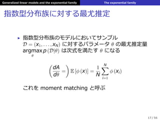 Generalized linear models and the exponential family The exponential family
指数型分布族に対する最尤推定
▶ 指数型分布族のモデルにおいてサンプル
D = (x1, . . . , xN) に対するパラメータ θ の最尤推定量
argmax
θ
p (D|θ) は次式を満たす θ になる
(
dA
dθ
=
)
E [ϕ (x)] =
1
N
N∑
i=1
ϕ (xi)
これを moment matching と呼ぶ
17 / 56
 