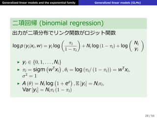 Generalized linear models and the exponential family Generalized linear models (GLMs)
⼆項回帰 (binomial regression)
出⼒が⼆項分布でリンク関数がロジット関数
log p (yi|xi, w) = yi log
(
πi
1 − πi
)
+ Ni log (1 − πi) + log
(
Ni
yi
)
▶ yi ∈ {0, 1, . . . , Ni}
▶ πi = sigm
(
wT
xi
)
, θi = log (πi/ (1 − πi)) = wT
xi,
σ2
= 1
▶ A (θ) = Ni log
(
1 + eθ
)
, E [yi] = Niπi,
Var [yi] = Niπi (1 − πi)
28 / 56
 