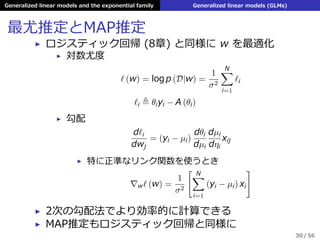 Generalized linear models and the exponential family Generalized linear models (GLMs)
最尤推定とMAP推定
▶ ロジスティック回帰 (8章) と同様に w を最適化
▶ 対数尤度
ℓ (w) = log p (D|w) =
1
σ2
N∑
i=1
ℓi
ℓi ≜ θiyi − A (θi)
▶ 勾配
dℓi
dwj
= (yi − µi)
dθi
dµi
dµi
dηi
xij
▶ 特に正準なリンク関数を使うとき
wℓ (w) =
1
σ2
[ N∑
i=1
(yi − µi) xi
]
▶ 2次の勾配法でより効率的に計算できる
▶ MAP推定もロジスティック回帰と同様に
30 / 56
 