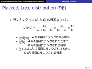Generalized linear models and the exponential family Learning to rank
Plackett-Luce distribution の例
▶ ランキング π = (A, B, C) の確率 p (π) は
p (π|s) =
sA
sA + sB + sC
×
sB
sB + sC
×
sC
sC
▶
sA
sA+sB+sC
: A が1番⽬にランクされる確率
▶
sB
sB+sC
: A が1番⽬にランクされたときに、
B が2番⽬にランクされる確率
▶
sC
sC
: A, B が1,2番⽬にランクされたときに、
C が3番⽬にランクされる確率
53 / 56
 
