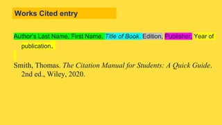 Works Cited entry
Author’s Last Name, First Name. Title of Book. Edition, Publisher, Year of
publication.
Smith, Thomas. The Citation Manual for Students: A Quick Guide.
2nd ed., Wiley, 2020.
 