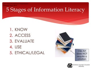 MLA Style PowerPoint Presentation 
Created Sept 2014 
5 Stages of Information Literacy 
Clip Art 
does NOT 
require a 
citation 
1. KNOW 
2. ACCESS 
3. EVALUATE 
4. USE 
5. ETHICAL/LEGAL 
 