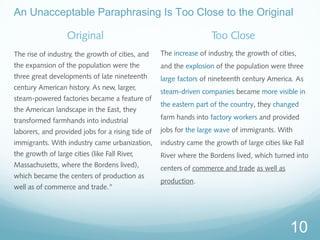 An Unacceptable Paraphrasing Is Too Close to the Original 
Original 
The rise of industry, the growth of cities, and 
the expansion of the population were the 
three great developments of late nineteenth 
century American history. As new, larger, 
steam-powered factories became a feature of 
the American landscape in the East, they 
transformed farmhands into industrial 
laborers, and provided jobs for a rising tide of 
immigrants. With industry came urbanization, 
the growth of large cities (like Fall River, 
Massachusetts, where the Bordens lived), 
which became the centers of production as 
well as of commerce and trade.” 
Too Close 
The increase of industry, the growth of cities, 
and the explosion of the population were three 
large factors of nineteenth century America. As 
steam-driven companies became more visible in 
the eastern part of the country, they changed 
farm hands into factory workers and provided 
jobs for the large wave of immigrants. With 
industry came the growth of large cities like Fall 
River where the Bordens lived, which turned into 
centers of commerce and trade as well as 
production. 
10 
 