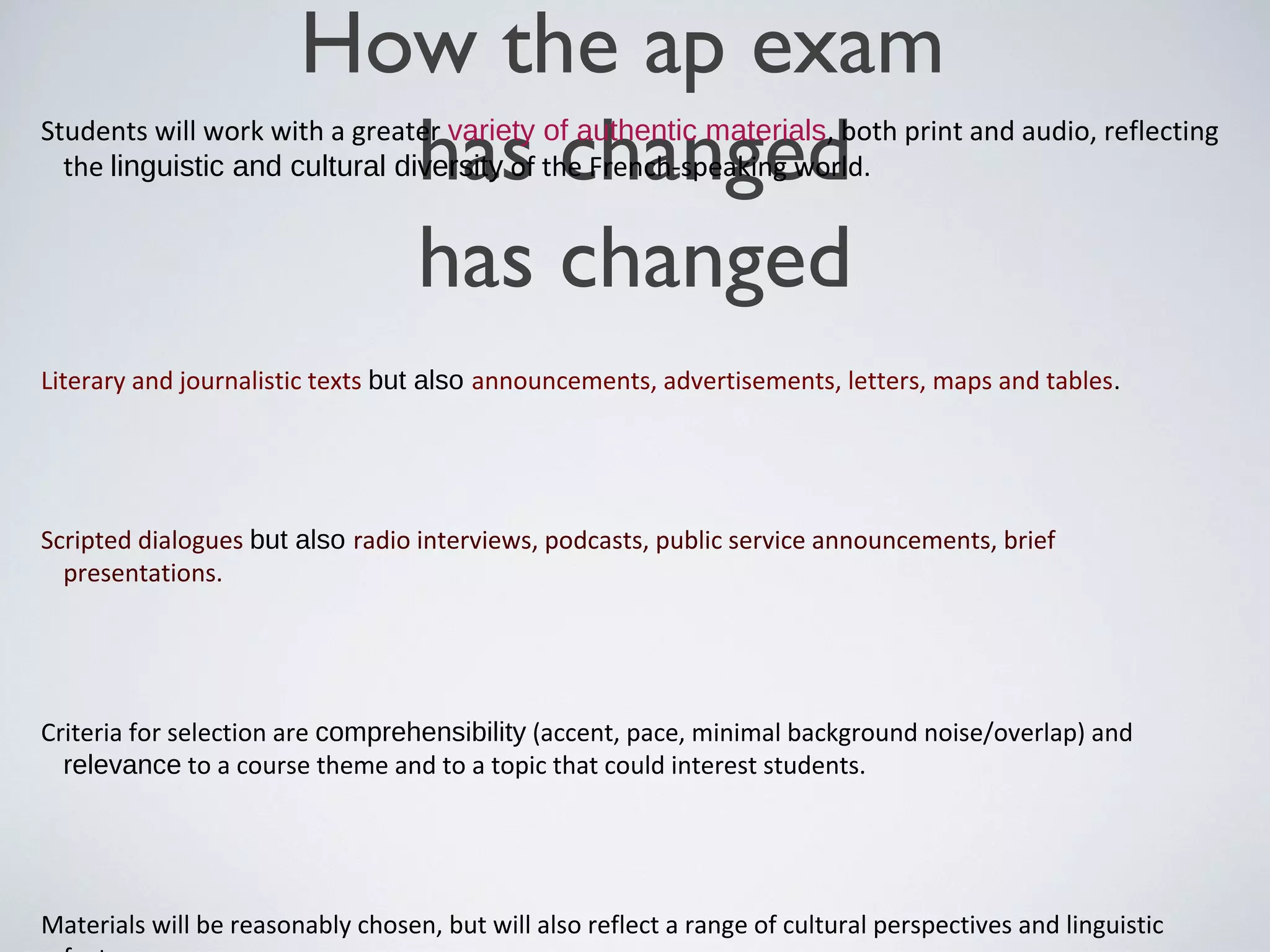 How the ap exam
has changed
has changed

Students will work with a greater variety of authentic materials, both print and audio, reflecting
the linguistic and cultural diversity of the French-speaking world.

Literary and journalistic texts but also announcements, advertisements, letters, maps and tables.

Scripted dialogues but also radio interviews, podcasts, public service announcements, brief
presentations.

Criteria for selection are comprehensibility (accent, pace, minimal background noise/overlap) and
relevance to a course theme and to a topic that could interest students.

Materials will be reasonably chosen, but will also reflect a range of cultural perspectives and linguistic

 