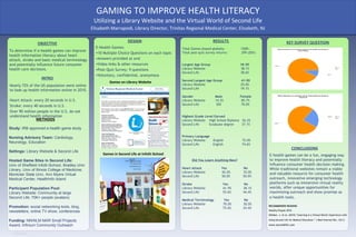 GAMING TO IMPROVE HEALTH LITERACY
                                                            Utilizing a Library Website and the Virtual World of Second Life
                                                           Elisabeth Marrapodi, Library Director, Trinitas Regional Medical Center, Elizabeth, NJ

                                                                                DESIGN                                         RESULTS                                    KEY SURVEY QUESTION
                                               OBJECTIVE
                                                             E-Health Games:                               Total Games played globally:        1500+.
To determine if e-health games can improve
                                                             •10 Multiple Choice Questions on each topic   Total post-quiz survey returns:     299 (20%)
health information literacy about heart
attack, stroke and basic medical terminology                 •Answers provided at end
and potentially influence future consumer                    •Video links & other resources                Largest Age Group                   18-30
health care decisions.                                       •Post-Quiz Survey: 9 questions                Library Website                     38.1%
                                                                                                           Second Life                         38.6%
                                                             •Voluntary, confidential, anonymous
                                                 INTRO                                                     Second Largest Age Group            41-50
                                                                     Games on Library Website
Nearly 72% of the US population went online                                                                Library Website                     25.0%
                                                                                                           Second Life                         19.1%
to look up health information online in 2010.
                                                                                                           Gender                Male          Female
Heart Attack: every 20 seconds in U.S.                                                                     Library Website       14.3%          85.7%
Stroke: every 40 seconds in U.S.                                                                           Second Life           30%            70.0%

Over 90 million people in the U.S. do not
understand health information                                                                              Highest Grade Level Earned
                                               METHODS                                                     Library Website High School Diploma 26.2%
                                                                                                           Second Life     Graduate degree     37.1%
Study: IRB approved e-health game study

Nursing Advisory Team: Cardiology,                                                                         Primary Language
                                                                                                           Library Website      English         72.0%
Neurology, Education
                                                                                                           Second Life          English         74.6%
                                                                                                                                                                               CONCLUSIONS
Settings: Library Website & Second Life
                                                                 Games in Second Life at Infolit iSchool                                                   E-health games can be a fun, engaging way
Hosted Game Sites in Second Life:                                                                                Did You Learn Anything New?               to improve health literacy and potentially
Univ of Sheffield Infolit iSchool, Bradley Univ                                                                                                            influence consumer health decision making.
                                                                                                           Heart Attack              Yes        No         While traditional websites remain a viable
Library, Univ of Illinois College of Medicine,
                                                                                                           Library Website           65.0%      35.0%      and valuable resource for consumer health
Montclair State Univ, Ann Myers Virtual                                                                    Second Life               50.0%      50.0%
Medical Center, HealthInfo Island                                                                                                                          outreach, innovative emerging technology
                                                                                                           Stroke                     Yes       No         platforms such as immersive virtual reality
Participant Population Pool:                                                                               Library Website            61.9%     38.1%      worlds, offer unique opportunities for
Library Website: Community at large                                                                        Second Life                55.6%     44.4%      maximizing outreach and show promise as
Second Life: 70K+ people (avatars)                                                                                                                         e-health tools.
                                                                                                           Medical Terminology         Yes       No
                                                                                                           Library Website            70.0%     30.0%
Promotion: social networking tools, blog,                                                                                                                  RECOMMENDED READING
                                                                                                           Second Life                75.6%     24.4%
                                                                                                                                                           Healthy People 2010
newsletters, online TV show, conferences
                                                                                                                                                           Webber, J. et al. (2010) “Learning in a Virtual World: Experience with

Funding: NN/NLM MAR Small Projects                                                                                                                         Using Second Life for Medical Education.” J Med Internet Res ,12(1 ).

Award, Infinium Community Outreach                                                                                                                         www.secondlife.com

  RESEARCH POSTER PRESENTATION DESIGN © 2012

  www.PosterPresentations.com
 