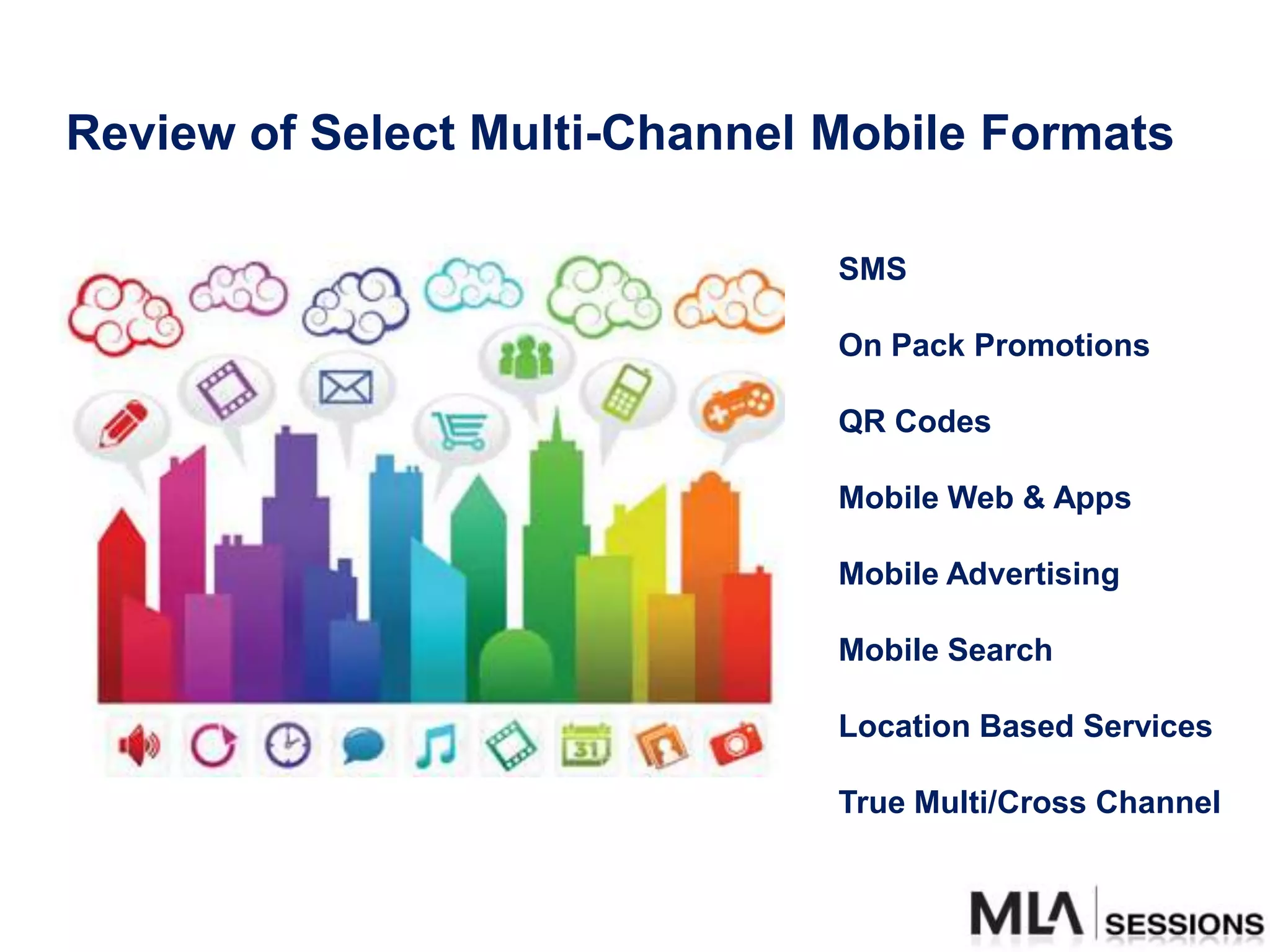 Review of Select Multi-Channel Mobile Formats

                               SMS

                               On Pack Promotions

                               QR Codes

                               Mobile Web & Apps

                               Mobile Advertising

                               Mobile Search

                               Location Based Services

                               True Multi/Cross Channel
 