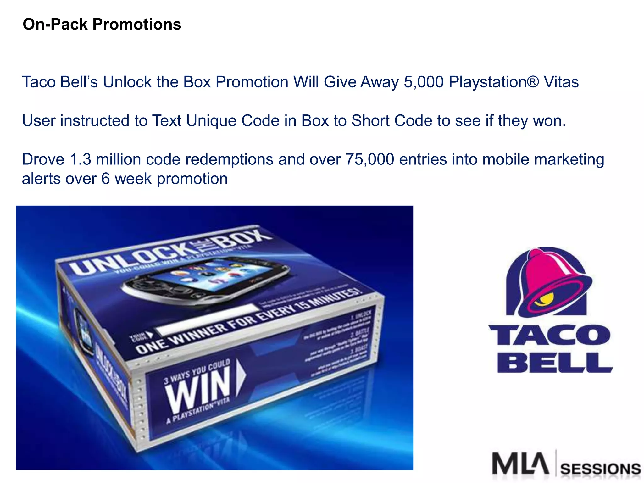 On-Pack Promotions


Taco Bell‟s Unlock the Box Promotion Will Give Away 5,000 Playstation® Vitas

User instructed to Text Unique Code in Box to Short Code to see if they won.

Drove 1.3 million code redemptions and over 75,000 entries into mobile marketing
alerts over 6 week promotion
 