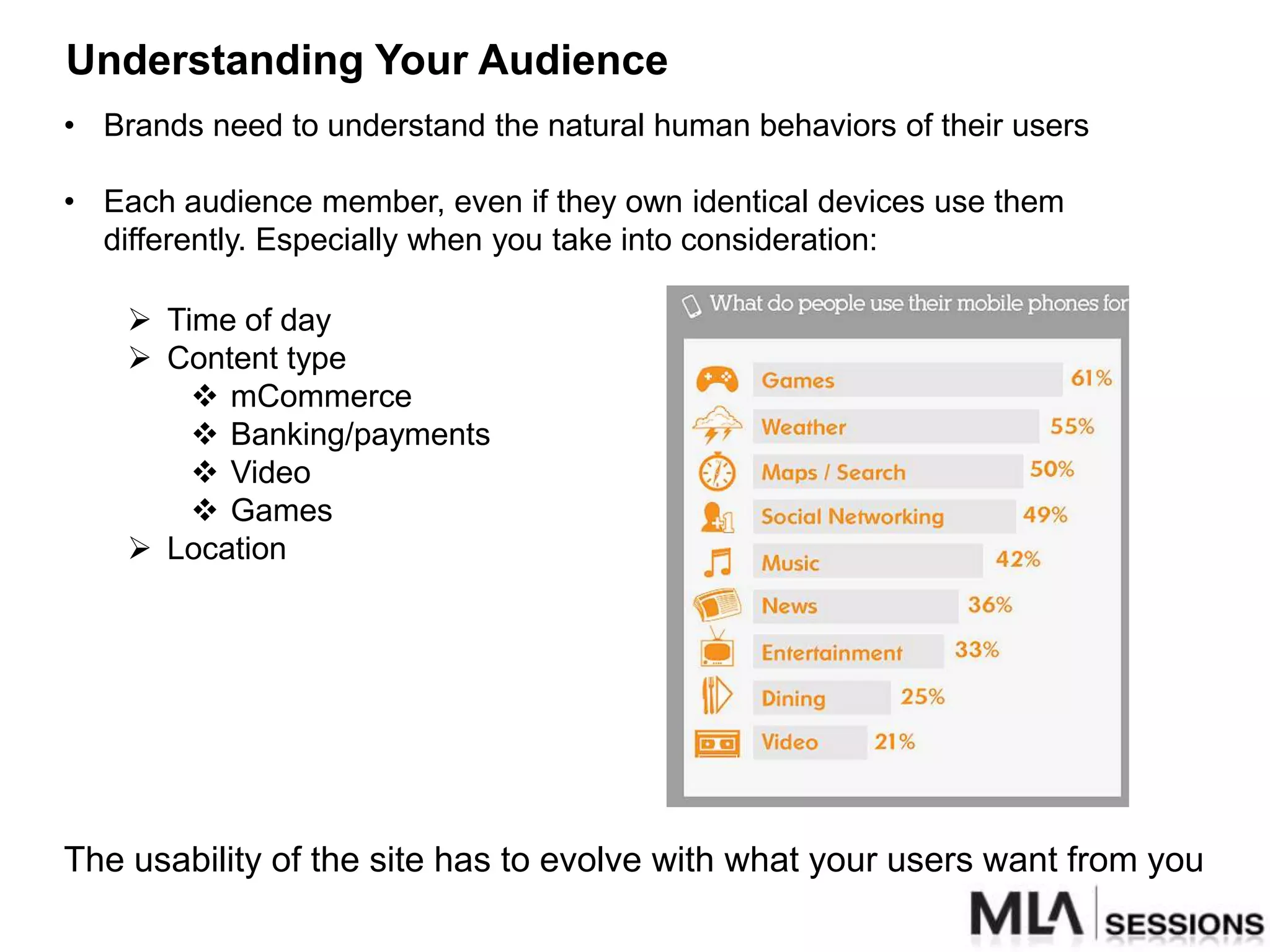 Understanding Your Audience
• Brands need to understand the natural human behaviors of their users

• Each audience member, even if they own identical devices use them
  differently. Especially when you take into consideration:

     Time of day
     Content type
         mCommerce
         Banking/payments
         Video
         Games
     Location




The usability of the site has to evolve with what your users want from you
 