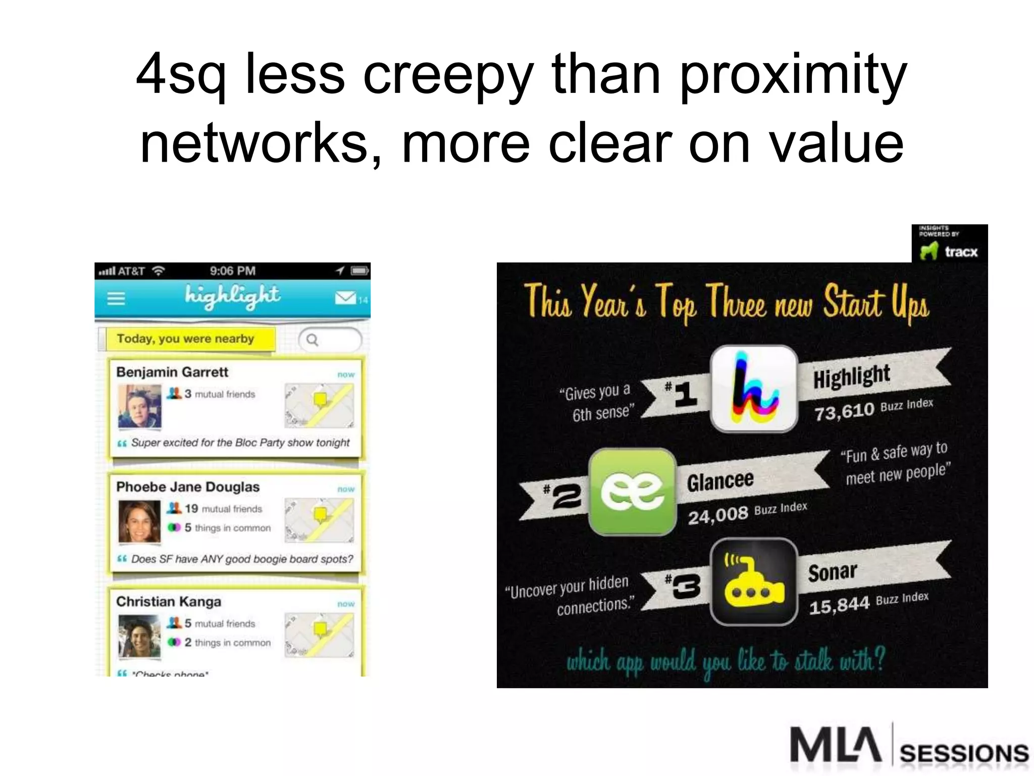 4sq less creepy than proximity
networks, more clear on value
 