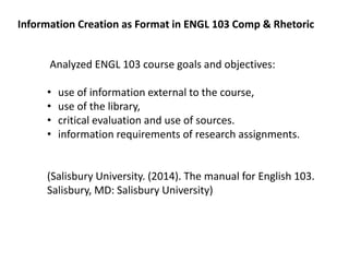 Information Creation as Format in ENGL 103 Comp & Rhetoric
Analyzed ENGL 103 course goals and objectives:
• use of information external to the course,
• use of the library,
• critical evaluation and use of sources.
• information requirements of research assignments.
(Salisbury University. (2014). The manual for English 103.
Salisbury, MD: Salisbury University)
 