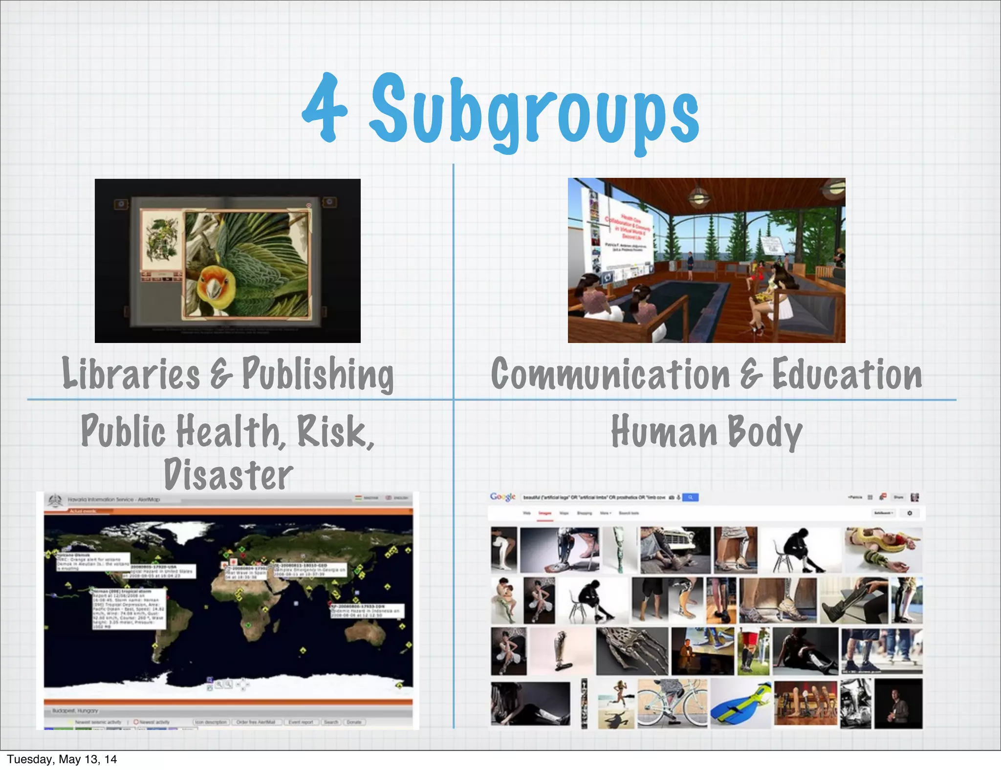 4 Subgroups
Libraries & Publishing Communication & Education
Public Health, Risk,
Disaster
Human Body
Tuesday, May 13, 14
 