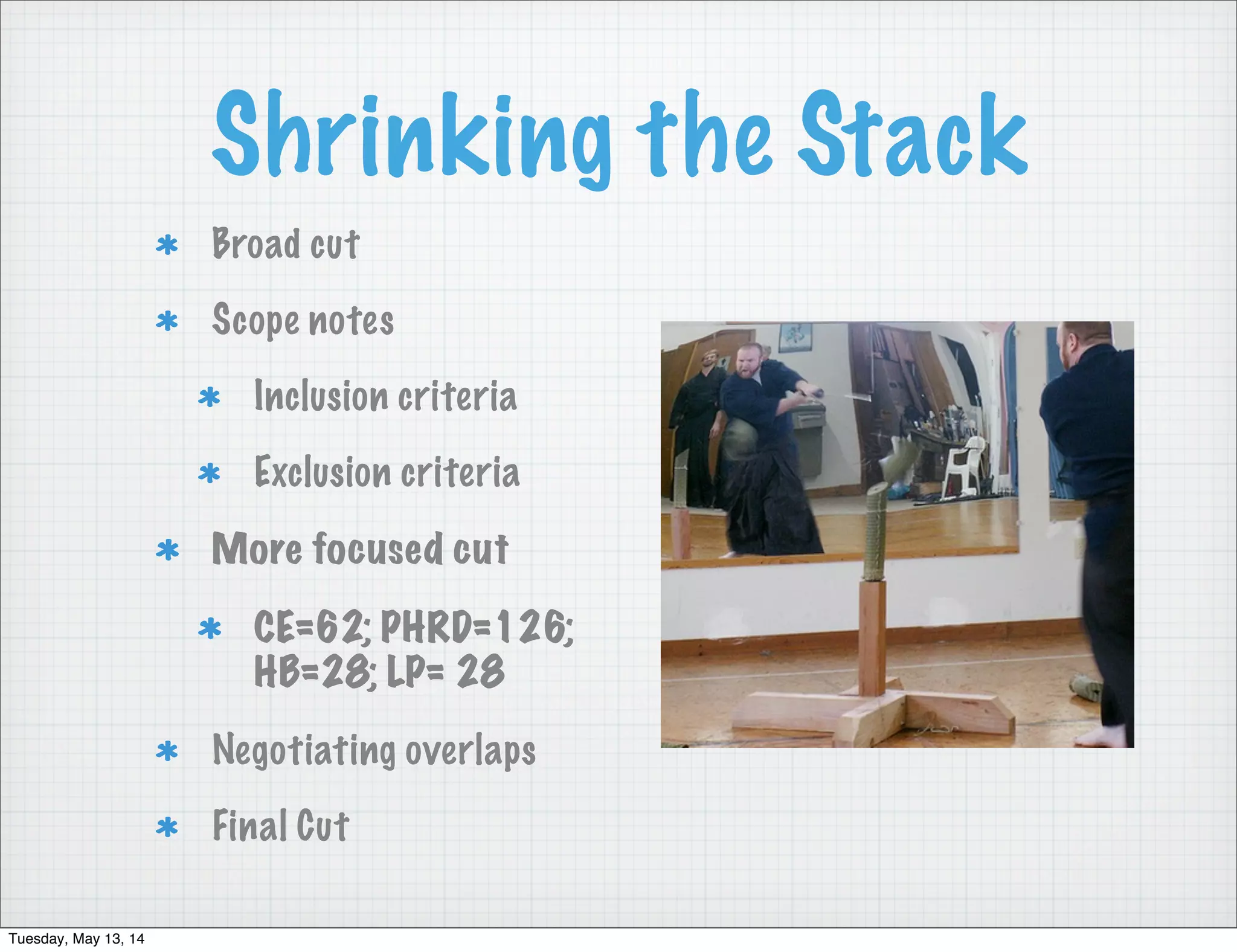 Shrinking the Stack
Broad cut
Scope notes
Inclusion criteria
Exclusion criteria
More focused cut
CE=62; PHRD=126;
HB=28; LP= 28
Negotiating overlaps
Final Cut
Tuesday, May 13, 14
 