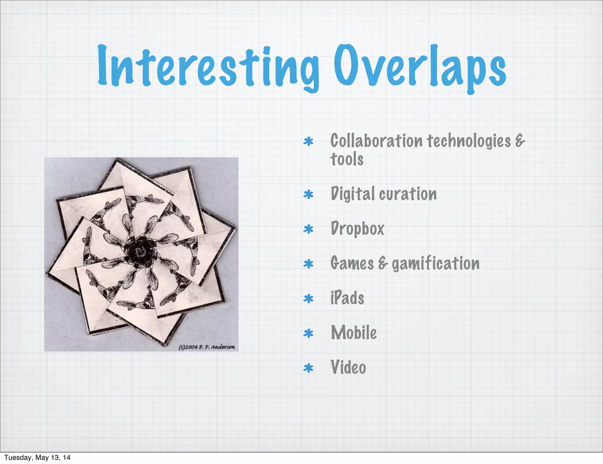 Interesting Overlaps
Collaboration technologies &
tools
Digital curation
Dropbox
Games & gamification
iPads
Mobile
Video
Tuesday, May 13, 14
 