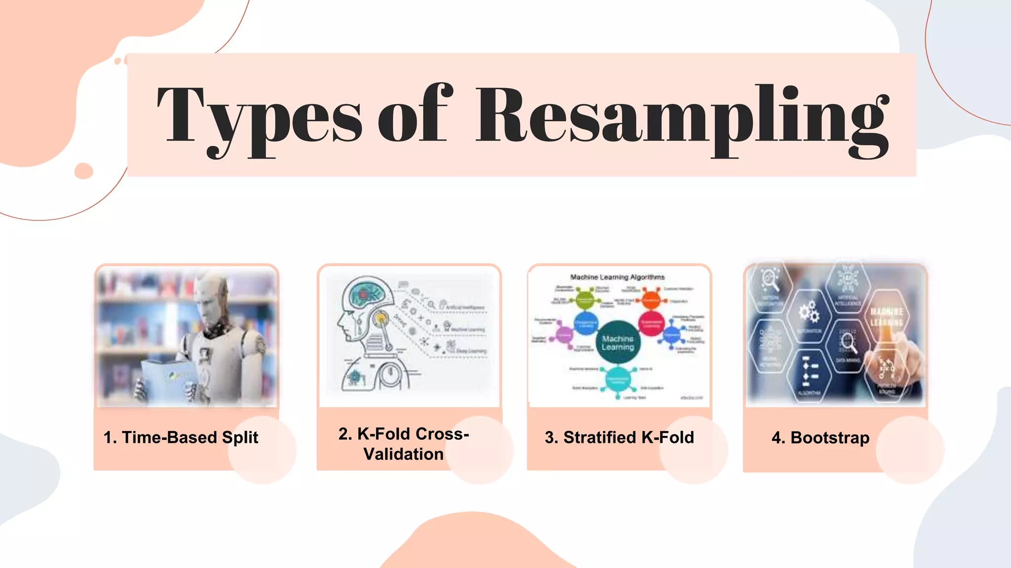 Types of Resampling
1. Time-Based Split 2. K-Fold Cross-
Validation
4. Bootstrap
3. Stratified K-Fold
 