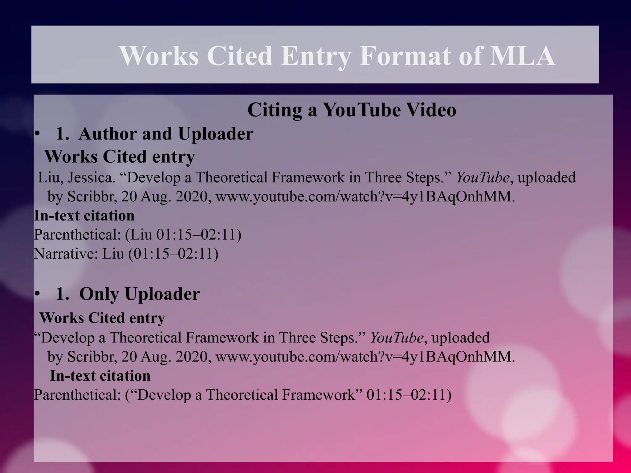 Works Cited Entry Format of MLA
Citing a YouTube Video
• 1. Author and Uploader
Works Cited entry
Liu, Jessica. “Develop a Theoretical Framework in Three Steps.” YouTube, uploaded
by Scribbr, 20 Aug. 2020, www.youtube.com/watch?v=4y1BAqOnhMM.
In-text citation
Parenthetical: (Liu 01:15–02:11)
Narrative: Liu (01:15–02:11)
• 1. Only Uploader
Works Cited entry
“Develop a Theoretical Framework in Three Steps.” YouTube, uploaded
by Scribbr, 20 Aug. 2020, www.youtube.com/watch?v=4y1BAqOnhMM.
In-text citation
Parenthetical: (“Develop a Theoretical Framework” 01:15–02:11)
 