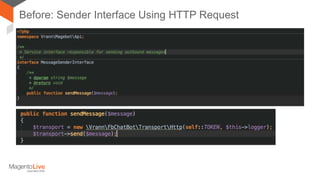 Now: Sender Interface Using RabbitMQ
Replace preference for MessageSenderInterface in di.xml,
Add “Remote” suffix
Interfac...
