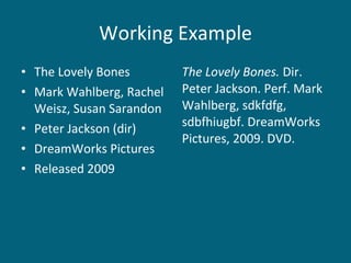 Working Example The Lovely Bones Mark Wahlberg, Rachel Weisz, Susan Sarandon Peter Jackson (dir) DreamWorks Pictures Released 2009  The Lovely Bones.  Dir. Peter Jackson. Perf. Mark Wahlberg, sdkfdfg, sdbfhiugbf. DreamWorks Pictures, 2009. DVD.   
