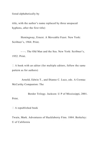 listed alphabetically by
title, with the author’s name replaced by three unspaced
hyphens, after the first title)
Hemingway, Ernest. A Moveable Feast. New York:
Scribner’s, 1964. Print.
- - -. The Old Man and the Sea. New York: Scribner’s,
1952. Print.
pattern as for authors)
Arnold, Edwin T., and Dianne C. Luce, eds. A Cormac
McCarthy Companion: The
Border Trilogy. Jackson: U P of Mississippi, 2001.
Print.
Twain, Mark. Adventures of Huckleberry Finn. 1884. Berkeley:
U of California
 