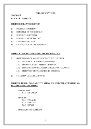 2
TABLE OF CONTENTS
ABSTRACT
TABLE OF CONTENTS
CHAPTER ONE: INTRODUCTION
1.1 PROBLEM STATEMENT
1.2 OBJECTIVE OF THE RESEARCH
1.3 RESEARCH QUESTIONS
1.4 RESEARCH METHODOLOGY
1.5 LITERATURE REVIEW
1.6 SIGNIFICANCE OF THE RESEARCH
CHAPTER TWO: STATELESS CHILDREN IN MALAYSIA
2.1 BACKGROUND OF MALAYSIAN STATELESS CHILDREN
2.1.1 DEFINITION OF STATELESS CHILDREN
2.1.2 EMERGENCE OF STATELESS CHILDREN
2.1.3 PERCENTAGE OF STATELESS CHILDREN IN MALAYSIA
2.1.4 EFFECTS OF STATELESSNESS TO CHILDREN
2.2 MALAYSIA LEGAL FRAMEWORK
CHAPTER THREE: COMPARATIVE STUDY ON SELECTED COUNTRIES ON
STATELESS CHILDREN ISSUE
3.1 SOUTH ASIA
3.1.1 SRI LANKA
3.2 EUROPE
3.2.1 FINLAND
3.2.2 UKRAINE
3.2.3 BRAZIL
3.3 COMPARATIVE SUMMARY
 