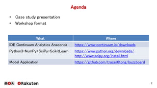Agenda
• Case study presentation
• Workshop format
2
What Where
IDE Continuum Analytics Anaconda https://www.continuum.io/...