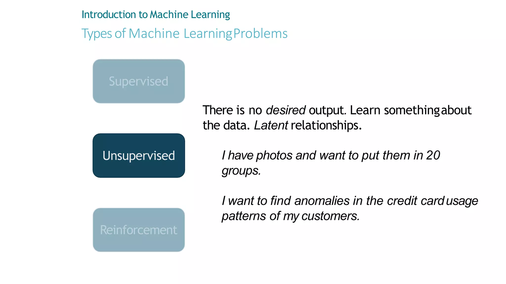 Unsupervised
Typesof Machine LearningProblems
Introduction to Machine Learning
Supervised
There is no desired output. Learn somethingabout
the data. Latent relationships.
I want to find anomalies in the credit cardusage
patterns of my customers.
Reinforcement
I have photos and want to put them in 20
groups.
 