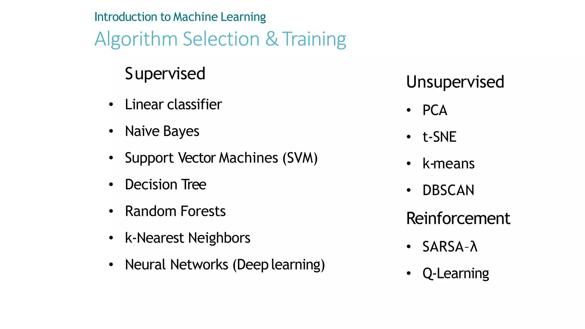 Introduction to Machine Learning
Algorithm Selection &Training
Supervised
• Linear classifier
• Naive Bayes
• Support Vector Machines (SVM)
• Decision Tree
• Random Forests
• k-Nearest Neighbors
• Neural Networks (Deeplearning)
Unsupervised
• PCA
• t-SNE
• k-means
• DBSCAN
Reinforcement
• SARSA–λ
• Q-Learning
 