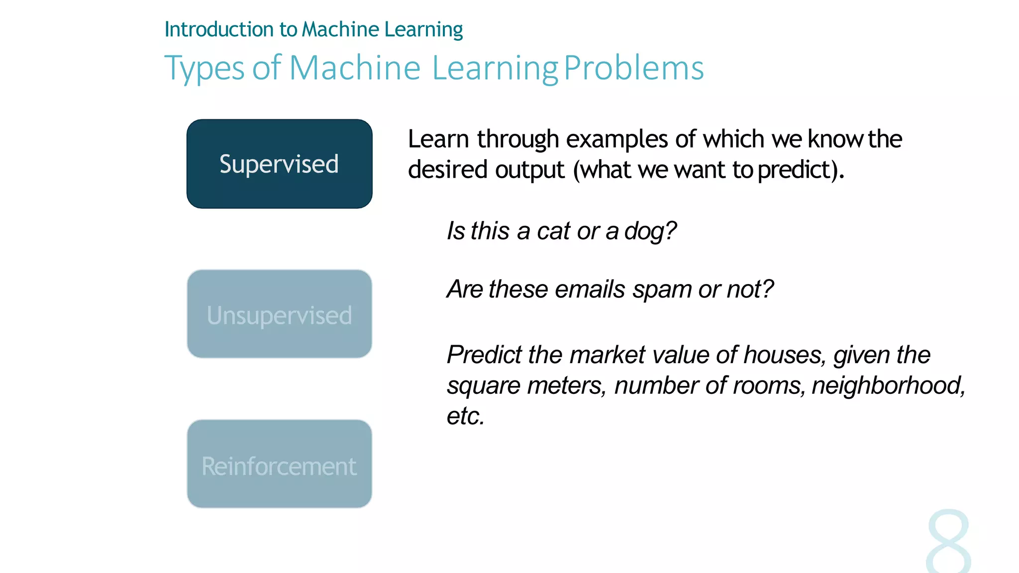 Typesof Machine LearningProblems
Introduction to Machine Learning
Supervised
Is this a cat or a dog?
Are these emails spam or not?
Unsupervised
Predict the market value of houses, given the
square meters, number of rooms, neighborhood,
etc.
Reinforcement
Learn through examples of which we knowthe
desired output (what we want topredict).
 