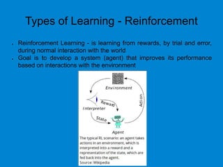 Types of Learning - Reinforcement
 Reinforcement Learning - is learning from rewards, by trial and error,
during normal interaction with the world
 Goal is to develop a system (agent) that improves its performance
based on interactions with the environment
 