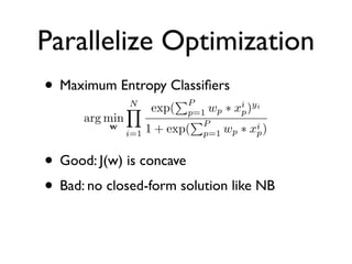 Distribute Gradient
• w is initialized as zero
• for t in 1 to T
 • Calculate gradients in parallel


• Training CPU: O(TP...
