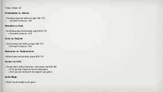 Friday, March 30
Philadelphia vs. Atlanta
•Hawks presumed tanking angle 238-172
o At least 54 losses, 19-5
Memphis vs. Utah
oGrizzlies presumed tanking angle 238-172
oAt least 54 losses, 19-5
Suns vs. Rockets
oSuns presumed tanking angle 238-172
oAt least 54 losses, 19-5
Mavericks vs. Timberwolves
 Mavs presumed tanking angle 238-172
Denver vs. OKC
oRoad teams with at least two more days rest 566-487
o57.2 percent if back-to-back road games
o63.5 percent at least third straight road game
Bulls-Magic
 Bulls fourth straight road game
 