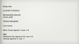 Sharp bets
ILLINOIS CHICAGO
MILWAUKEE BUCKS
UTAH JAZZ
TEXAS RANGERS
Line moves
North Texas opened -3 now -4.5
NBA
Oklahoma City opened -6.5, now -4.5
Orlando opened -5, now -7
 