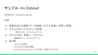 サンプル: Iris Dataset
20161027_keras/iris.ipynb
内容
● 実験の流れを確認 (データ準備 → モデル定義 → 学習 → 評価 )
● モデルその1: ロジスティック回帰
○ 一層だけのニューラルネットワーク
● モデルその2: 多層パーセプトロン
○ 復数層のニューラルネットワーク
● 使う層
○ Dense(): 全結合
○ Activation(): 活性化関数
○ BatchNormalization(): バッチ正規化 (学習しやすくする)
10
 