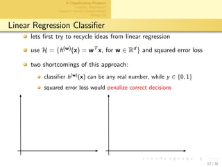aalto-logo-en-3
A Classiﬁcation Problem
Logistic Regression
Support Vector Classiﬁcation
Wrap Up
Linear Regression Classiﬁer
lets ﬁrst try to recycle ideas from linear regression
use H = {h(w)(x) = wT x, for w ∈ Rd } and squared error loss
two shortcomings of this approach:
classiﬁer h(w)
(x) can be any real number, while y ∈ {0, 1}
squared error loss would penalize correct decisions
12 / 38
 