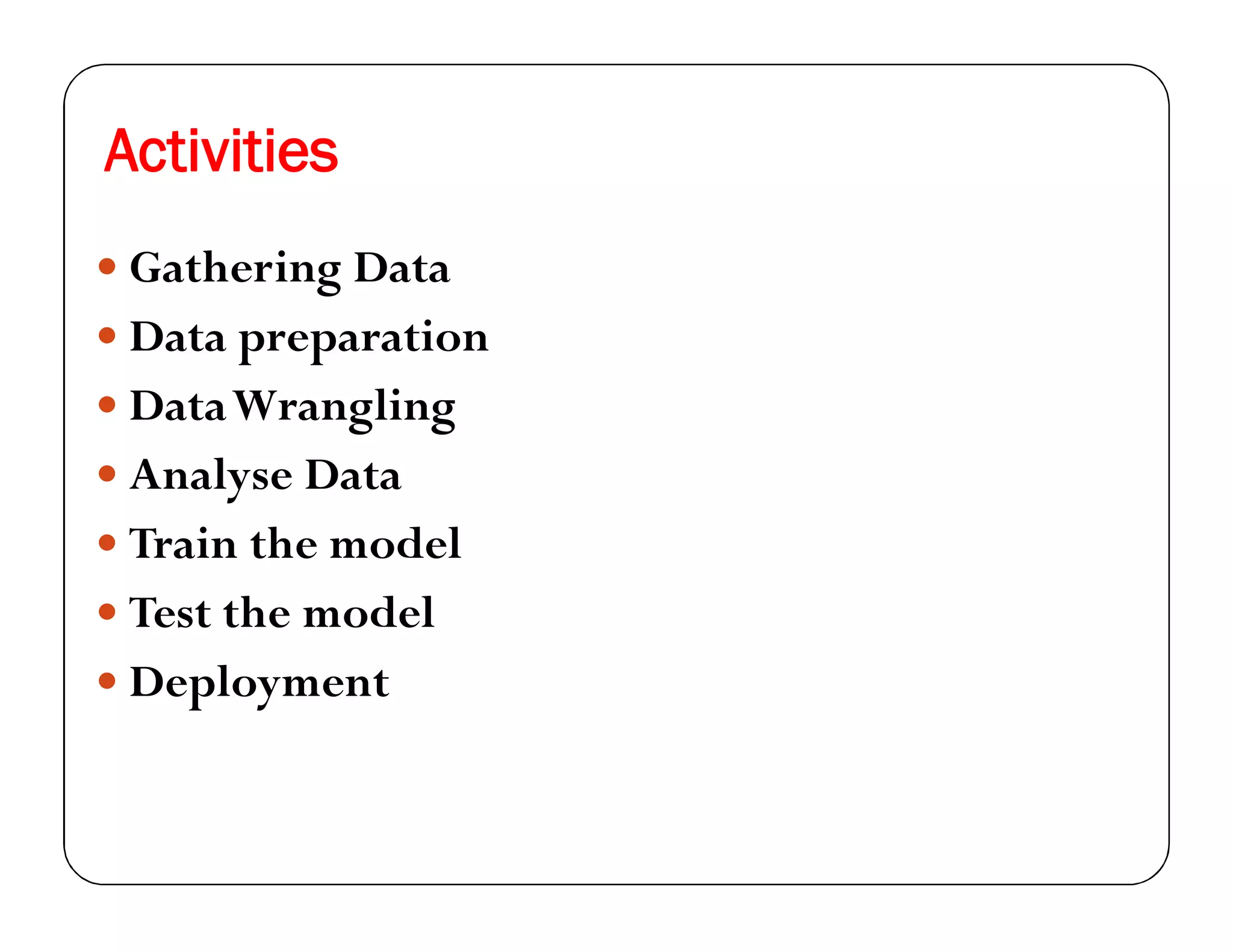 Activities
 Gathering Data
 Data preparation
 DataWrangling
 Analyse Data
 Train the model
 Test the model
 Deployment
 