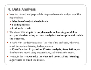 4. Data Analysis
 Now the cleaned and prepared data is passed on to the analysis step.This
step involves:
 Selection of analytical techniques
 Building models
 Review the result
 The aim of this step is to build a machine learning model to
analyze the data using various analytical techniques and review
the outcome.
 It starts with the determination of the type of the problems, where we
select the machine learning techniques such
as Classification, Regression, Cluster analysis, Association, etc.
then build the model using prepared data, and evaluate the model.
 Hence, in this step, we take the data and use machine learning
algorithms to build the model.
 