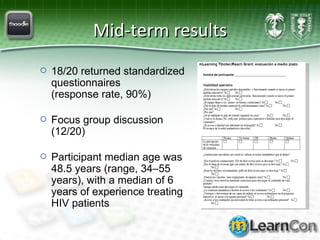 Mid-term results 18/20 returned standardized questionnaires  (response rate, 90%) Focus group discussion  (12/20) Participant median age was 48.5 years (range, 34–55 years), with a median of 6 years of experience treating HIV patients 