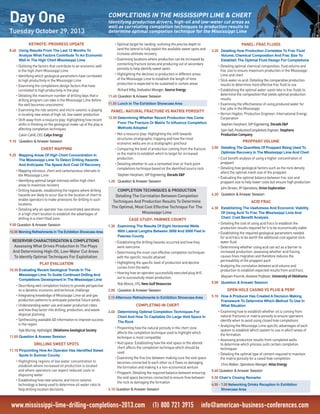 www.mississippi-lime-drilling-completions-2013.com (1) 800 721 3915 info@american-business-conferences.com
KEYNOTE: PROGRESS UPDATE
8.40 	 Using Results From The Last 12 Months To
Analyze What Factors Contribute To An Economic
Well In The High Chert Mississippi Lime
•	Outlining the factors that contribute to an economic well
in the high chert Mississippi Lime
•	Identifying which geological parameters have correlated
to high productivity in the Mississippi Lime
•	Examining the completions design factors that have
correlated to high productivity in the play
•	Detailing the maximum number of drilling days that a
drilling program can take in the Mississippi Lime before
the well becomes uneconomic
•	Examining the role seismic and micro-seismic is playing
in locating new areas of high-oil, low-water production
•	Shift away from a resource play: highlighting how recent
shifts in thinking on the geological make-up of the play is
affecting completion techniques
Calvin Cahill, CEO, Calyx Energy
9.10 	 Question & Answer Session
CHERT MAPPING
9.20 	 Mapping Areas Of High Chert Concentration In
The Mississippi Lime To Detect Drilling Hazards
And Anticipate The Speed And Cost Of Recovery
•	Mapping siliceous, chert and carbonaceous intervals in
the Mississippi Lime
•	Identifying optimal target intervals within high chert
areas to maximize recovery
•	Drilling hazards: establishing the regions where drilling
hazards are likely to occur due to the location of chert to
enable operators to make provisions for drilling in such
locations
•	Detailing why an operator has concentrated operations
in a high chert location to establish the advantages of
drilling in a chert filled zone
9.50 Question & Answer Session
10.00 Morning Refreshments In The Exhibition ShowcaseArea
RESERVOIRCHARACTERIZATION&COMPLETIONS
Assessing What Drives Production In The Plays
And Determining High-Oil, Low-Water Cut Areas
To Identify Optimal Techniques For Exploitation
PLAY EVALUATION
10.30 Evaluating Recent Geological Trends In The
Mississippi Lime To Guide Continued Drilling And
Completions Development In The Mississippi Lime
•	Describing well completion history to provide perspective
on a dynamic economic and technical challenge
•	Integrating knowledge of Mississippi Lime oil and gas
production patterns to anticipate potential future yields
•	Understanding water use and water production rates
and how they factor into drilling, production, and waste
disposal planning
•	Synthesizing available 4D information to improve success
in the region
Kyle Murray, Hydrologist, Oklahoma Geological Society
11.00 Question & Answer Session
DRILLING SWEET SPOTS
11.10 Pinpointing How An Operator Has Identified Sweet
Spots In Sumner County
•	Highlighting regions of low water concentration to
establish where increased oil production is located
and where operators can expect reduced costs in
disposing water
•	Establishing how new seismic and micro-seismic
technology is being used to determine oil-water ratio to
help drilling location decisions
Day One
Tuesday October 29, 2013
COMPLETIONS IN THE MISSISSIPPI LIME & CHERT
Identifying production drivers, high-oil and low-water cut areas as
well as correlating completion techniques to production results to
determine optimal completion technique for the Mississippi Lime
•	Optimal target for landing: outlining the precise depth to
land the lateral to fully exploit the available sweet spots and
increase ultimate recovery
•	Examining locations where production can be increased by
connecting fracture zones and producing out of secondary
porosity to help identify sweet spots
•	Highlighting the declines in production in different areas
of the Mississippi Lime to establish the length of time
production is expected to be sustained in certain areas
Richard Kilby, Evaluation Manager, Source Energy
11.40 	Question & Answer Session
11.50 	Lunch In The Exhibition Showcase Area
PANEL: NATURAL FRACTURE VS MATRIX POROSITY
12.50 Determining Whether Recent Production Has Come
From The Fracture Or Matrix To Influence Completion
Methods Adopted
•	Not a resource play: Highlighting the shift towards
structures stratigraphic trapping and how the most
economic wells are on a stratigraphic pinchout
•	Comparing the level of production coming from the fracture
vs the matrix to establish which to target for increased
production
•	Detailing whether to use a cemented liner or frack point
completions technique based on the identified source rock
Stephen Harpham, SVP Engineering, Dorado E&P
1.20 	 Question & Answer Session
COMPLETION TECHNIQUES & PRODUCTION
Detailing The Correlation Between Completion
Techniques And Production Results To Determine
The Optimal, Most Cost Effective Technique For The
Mississippi Lime
CASE STUDY: PAWNEE COUNTY
1.30 	 Examining The Results Of Eight Horizontal Wells
With Lateral Lengths Between 3000 And 5500 Feet In
Pawnee County
•	Establishing the drilling hazards occurred and how they
were overcome
•	Determining the most cost effective completion techniques
with the specific results attained
•	Highlighting the specific level of production and decline
curves from the wells
•	Hearing how an operator successfully executed plug drill
out to successfully retain production.
Rob Moore, CFO, New Gulf Resources
2.00 	 Question & Answer Session
2.10 Afternoon Refreshments In Exhibition Showcase Area
COMPLETING IN CHERT
2.40 	 Determining Optimal Completion Techniques For
Chert And How To Capitalize On Large Void Space In
The Rock
•	Pinpointing how the natural porosity in the chert zone
affects the completion technique used to highlight which
technique is most compatible
•	Void space: Establishing how the void space in the altered
chert affects the completion technique which should be
used
•	Examining the fine line between making sure the void space
becomes connected to each other so it flows vs damaging
the formation and making it a non-economical venture
•	Proppant: Detailing the required balance between ensuring
the void space becomes connected to ensure flow between
the rock vs damaging the formation
3.10 Question & Answer Session
PANEL: FRAC FLUIDS
3.20 	 Detailing How Production Correlates To Frac Fluid
Volume, Chemical Composition And Frac Size To
Establish The Optimal Fluid Design For Completions
•	Detailing optimal chemical composition, fluid volume and
frac size to ensure maximum production in the Mississippi
Lime and chert
•	Slick water vs acid: Detailing the comparative production
results to determine most effective frac fluid to use
•	Establishing the optimal water-sand ratio in frac fluids to
determine the composition that yields optimal production
results
•	Examining the effectiveness of using produced water for
frac jobs in the Mississippi
•	Vernon Higdon, Production Engineer, International Energy
Corporation
Stephen Harpham, SVP Engineering, Dorado E&P
Sam Hall, Production/Completions Engineer, Stephens
Production Company
PROPPANT VOLUME
3.50 	 Detailing The Quantities Of Proppant Being Used To
Optimize Recovery In The Mississippi Lime And Chert
•	Cost benefit analysis of using a higher concentration of
proppant
•	Detailing how geological factors such as the rock density
alters the optimal mesh size of the proppant
•	Evaluating the optimal balance between frac size and
proppant size to help lower costs but ensure high production
John Brown, VP Operations, Orion Exploration
4.20 	 Question & Answer Session
ACID FRAC
4.30 	 Establishing The Usefulness And Economic Viability
Of Using Acid To Frac The Mississippi Lime And
Chert: Cost Benefit Analysis
•	Detailing the cost of using acid fracs to establish the
production results required for it to be economically viable
•	Establishing the required geological parameters needed
for acid fracs to be worth the additional cost against slick
water fluid
•	Determining whether using acid can act as a barrier to
increased production: assessing whether acid fracing
causes fines migration and therefore reduces the
permeability of the proppant pack
•	Analyzing the correlation between acid volume and
production to establish expected results from acid fracs
Maysam Pournik, Assistant Professor, University of Oklahoma
5.00 	 Question & Answer Session
OPEN HOLE CASING VS PLUG & PERF
5.10 	 How A Producer Has Created A Decision Making
Framework To Determine Which Method To Use In
What Situation
•	Examining how to establish whether oil is coming from
natural fractures or matrix porosity to ensure operators
identify when to avoid using closed hole completions
•	Analyzing the Mississippi Lime specific advantages of each
system to establish which system to use in which areas of
the formation
•	Assessing production results from completed wells
to determine which process suits certain completion
techniques
•	Detailing the optimal type of cement required to maintain
the matrix porosity for a cased hole completion
Chris Walker, Operations Manager, Atlas Energy
5.40 Question & Answer Session
5.50 Chair’s Closing Remarks
6.00 - 7.00 Networking Drinks Reception In Exhibition
Showcase Area
 